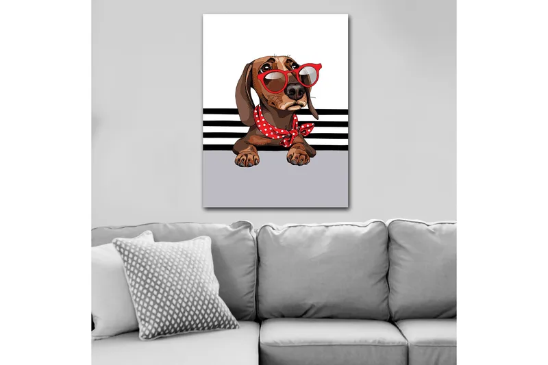 Lærred 70x100 cm - Sød hund med solbriller og et rødt prikket tørklæde, Brun / Rød / Grå
