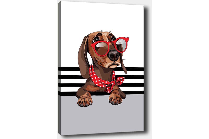 Lærred 70x100 cm - Sød hund med solbriller og et rødt prikket tørklæde - Brun / Rød / Grå - Boligtilbehør - Billeder & kunst - Billeder på lærred