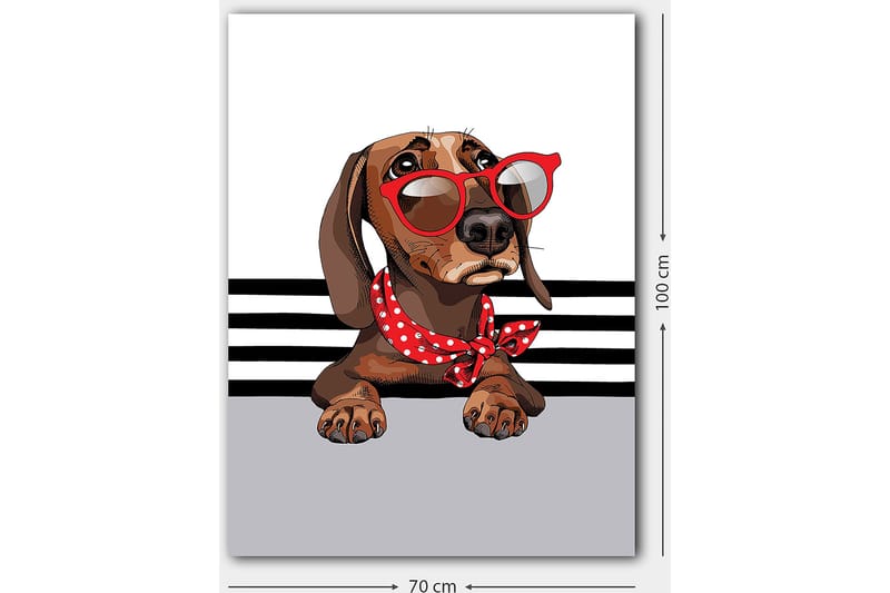 Lærred 70x100 cm - Sød hund med solbriller og et rødt prikket tørklæde - Brun / Rød / Grå - Boligtilbehør - Billeder & kunst - Billeder på lærred