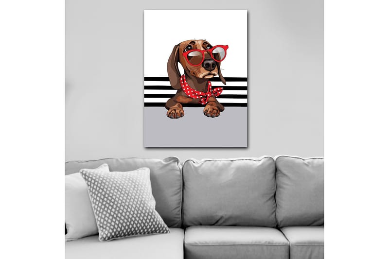 Lærred 70x100 cm - Sød hund med solbriller og et rødt prikket tørklæde, Brun / Rød / Grå