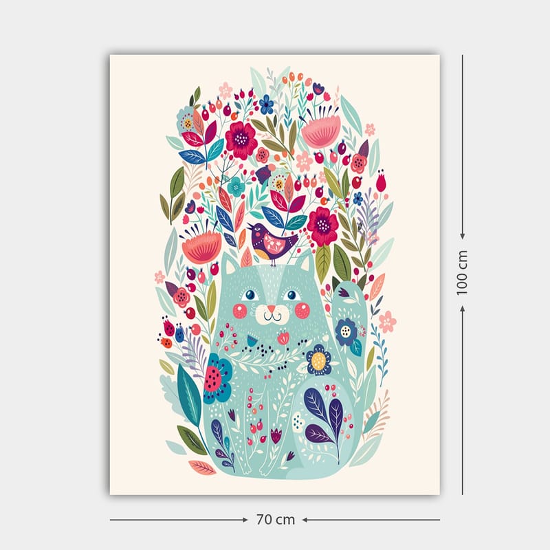Lærred 70x100 cm - Sød kat omgivet af farverige blomster og planter - Mintgrøn / Mørkeblå / Lyserød - Boligtilbehør - Billeder & kunst - Billeder på lærred