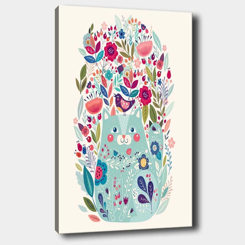Lærred 70x100 cm - Sød kat omgivet af farverige blomster og planter, Mintgrøn / Mørkeblå / Lyserød
