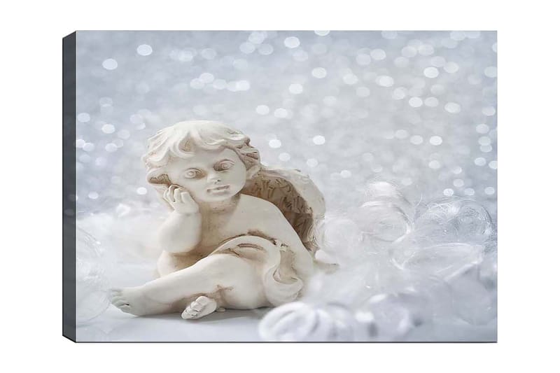 Lærred 70x100 cm - Sød keramisk engel siddende med et tankefuldt udtryk - Hvid / Beige - Boligtilbehør - Billeder & kunst - Billeder på lærred