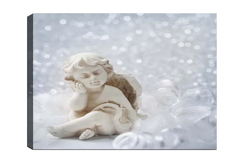 Lærred 70x100 cm - Sød keramisk engel siddende med et tankefuldt udtryk, Hvid / Beige