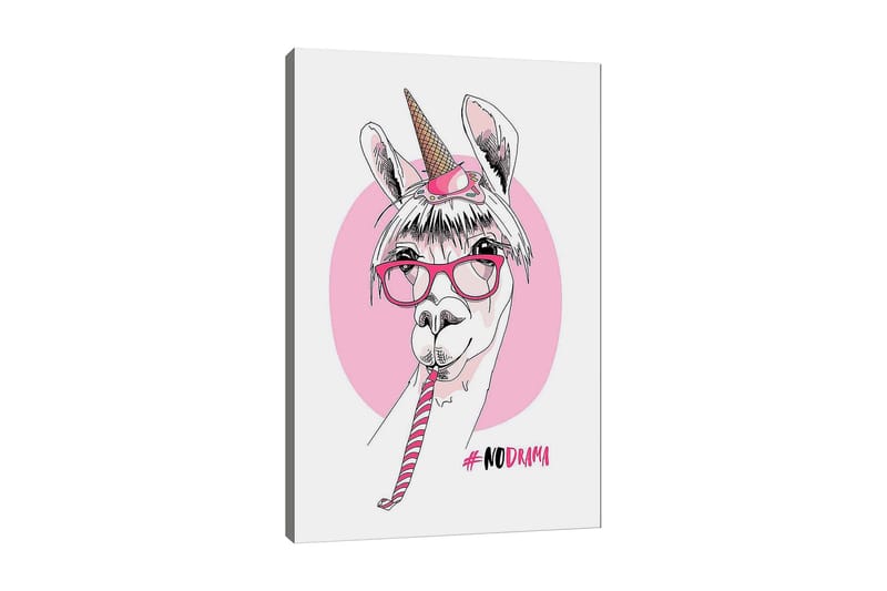 Lærred 70x100 cm - Sød lama med enhjørningshorn og briller, der holder en slikkepind, Lyserød / Hvid / Sort