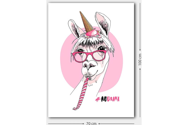 Lærred 70x100 cm - Sød lama med enhjørningshorn og briller, der holder en slikkepind - Lyserød / Hvid / Sort - Boligtilbehør - Billeder & kunst - Billeder på lærred