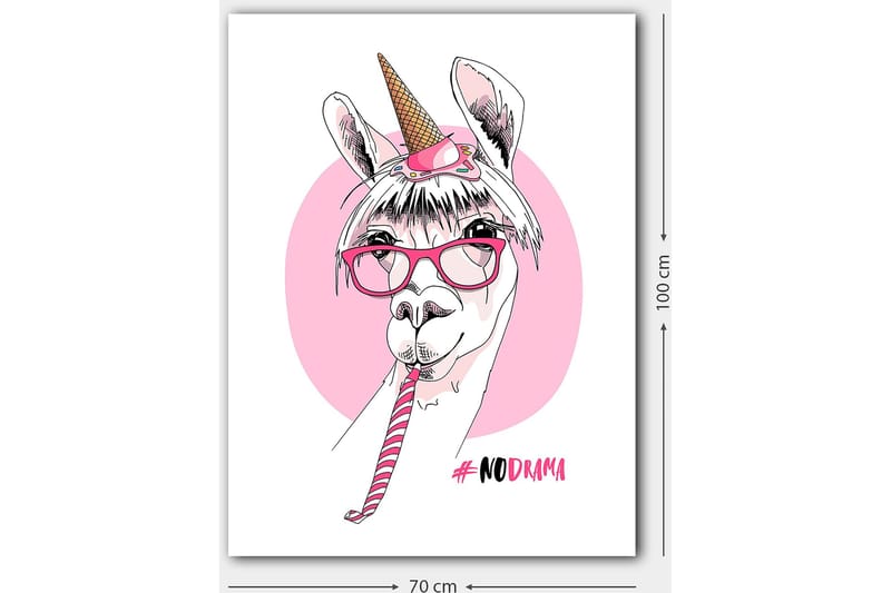 Lærred 70x100 cm - Sød lama med enhjørningshorn og briller, der holder en slikkepind - Lyserød / Hvid / Sort - Boligtilbehør - Billeder & kunst - Billeder på lærred