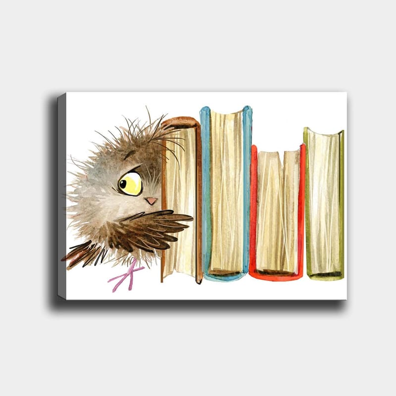 Lærred 70x100 cm - Sød ugle kigger frem bag bøger, Brun / Gul / Rød