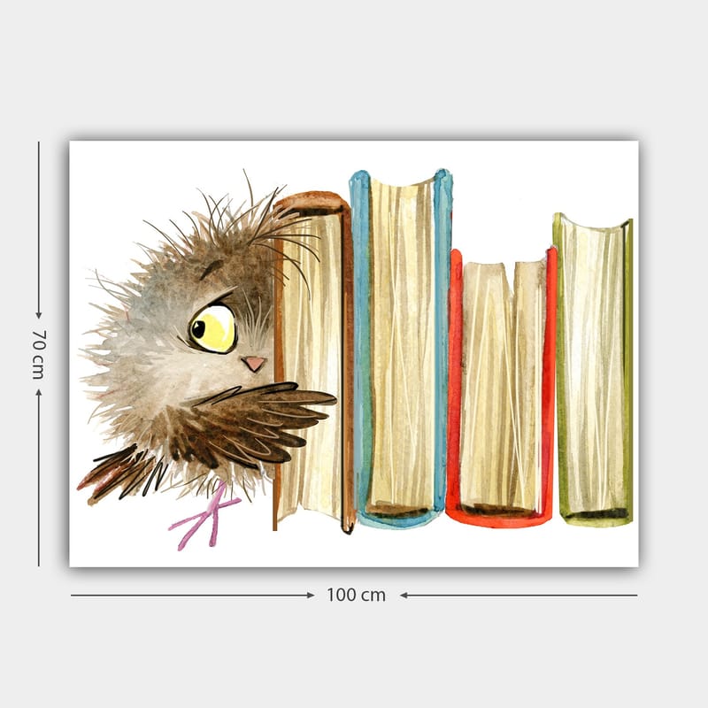 Lærred 70x100 cm - Sød ugle kigger frem bag bøger - Brun / Gul / Rød - Boligtilbehør - Billeder & kunst - Billeder på lærred