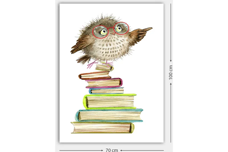 Lærred 70x100 cm - Sød ugle med briller pegende, siddende på en bunke farverige bøger - Brun / Grøn / Blå - Boligtilbehør - Billeder & kunst - Billeder på lærred