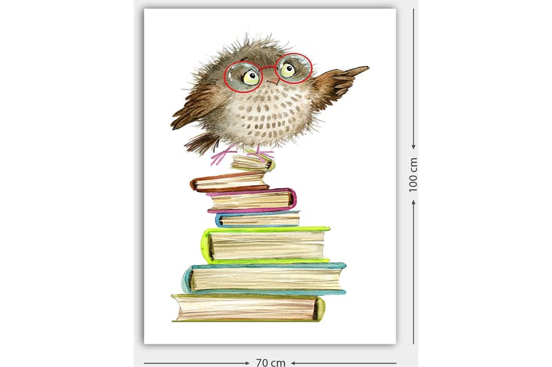 Lærred 70x100 cm - Sød ugle med briller pegende, siddende på en bunke farverige bøger - Brun / Grøn / Blå - Boligtilbehør - Billeder & kunst - Billeder på lærred