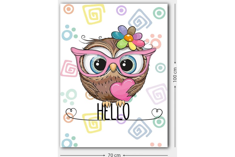 Lærred 70x100 cm - Sød ugle med store øjne og farverig blomst på hovedet - Brun / Lyserød / Blå - Boligtilbehør - Billeder & kunst - Billeder på lærred