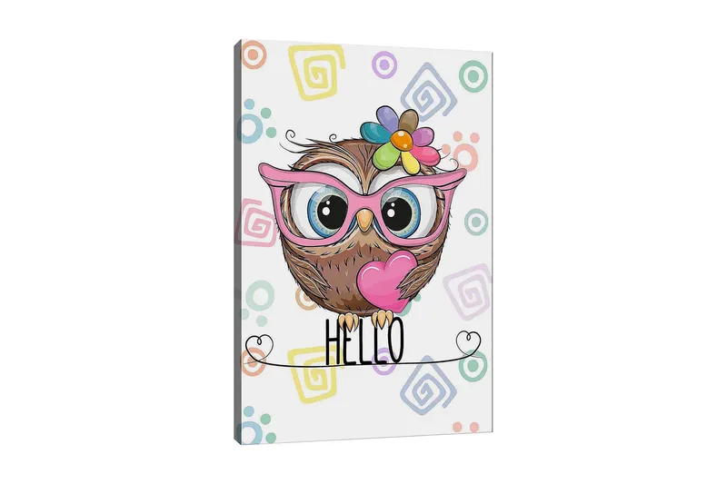 Lærred 70x100 cm - Sød ugle med store øjne og farverig blomst på hovedet, Brun / Lyserød / Blå