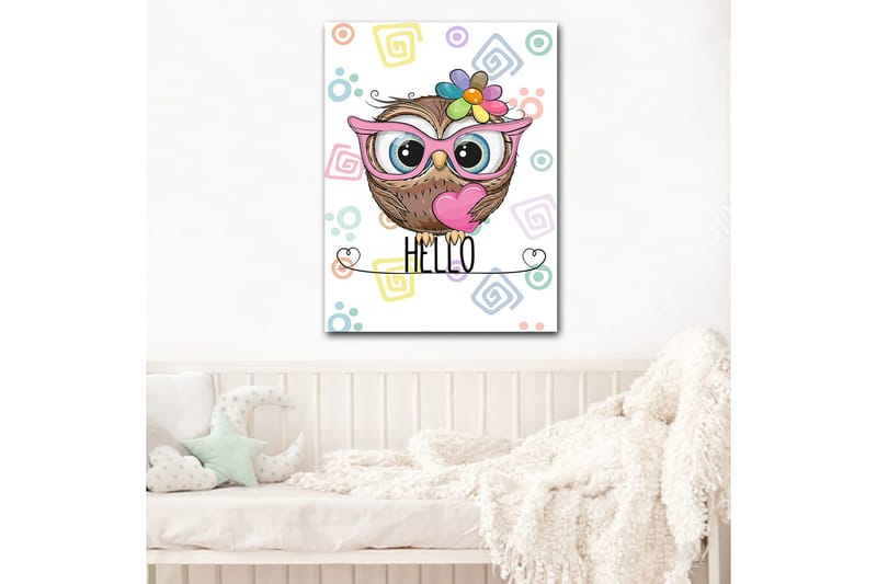 Lærred 70x100 cm - Sød ugle med store øjne og farverig blomst på hovedet - Brun / Lyserød / Blå - Boligtilbehør - Billeder & kunst - Billeder på lærred
