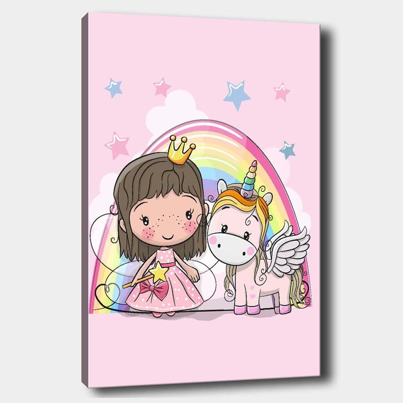 Lærred 70x100 cm - Sød prinsesse med en enhjørning under en regnbue, Lyserød / Hvid / Guld