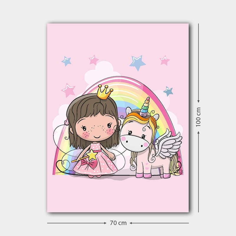 Lærred 70x100 cm - Sød prinsesse med en enhjørning under en regnbue - Lyserød / Hvid / Guld - Boligtilbehør - Billeder & kunst - Billeder på lærred