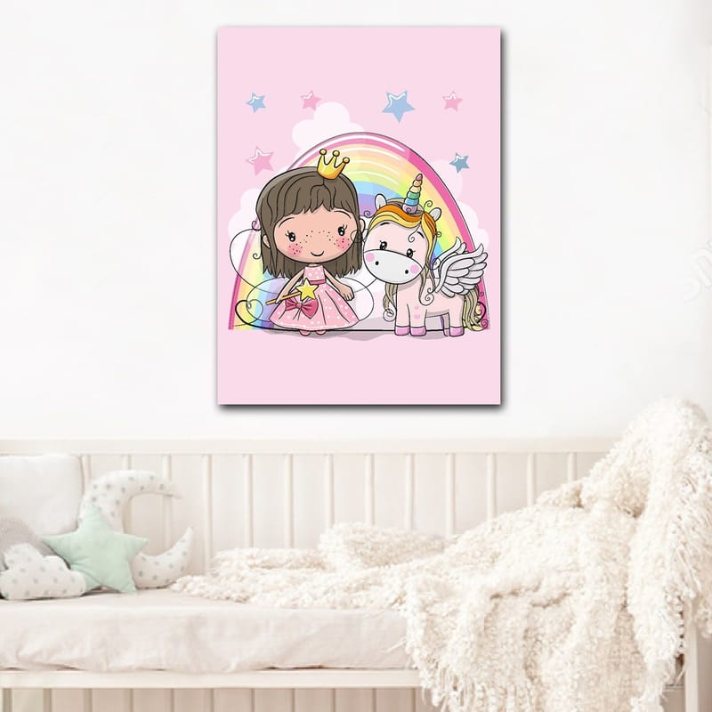 Lærred 70x100 cm - Sød prinsesse med en enhjørning under en regnbue - Lyserød / Hvid / Guld - Boligtilbehør - Billeder & kunst - Billeder på lærred