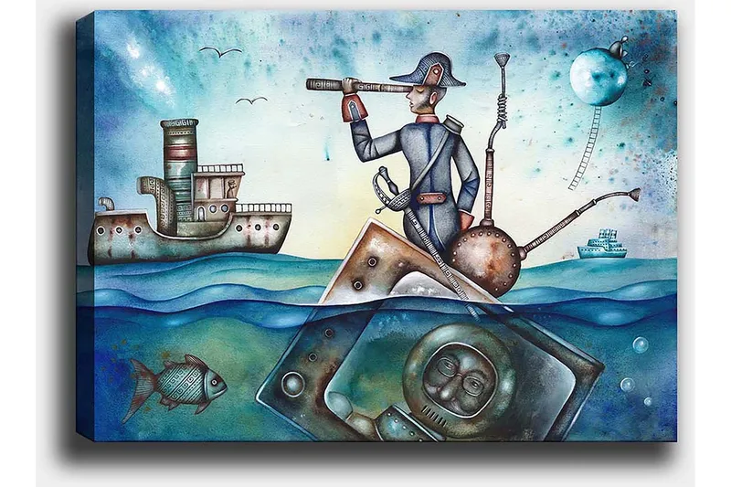 Lærred 70x100 cm - Sømand står på en båd og kigger gennem en kikkert over havet, omgivet af forskellige maritime elementer - Blå / Grøn / Brun - Boligtilbehør - Billeder & kunst - Billeder på lærred