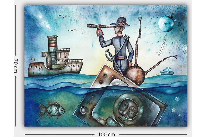 Lærred 70x100 cm - Sømand står på en båd og kigger gennem en kikkert over havet, omgivet af forskellige maritime elementer - Blå / Grøn / Brun - Boligtilbehør - Billeder & kunst - Billeder på lærred