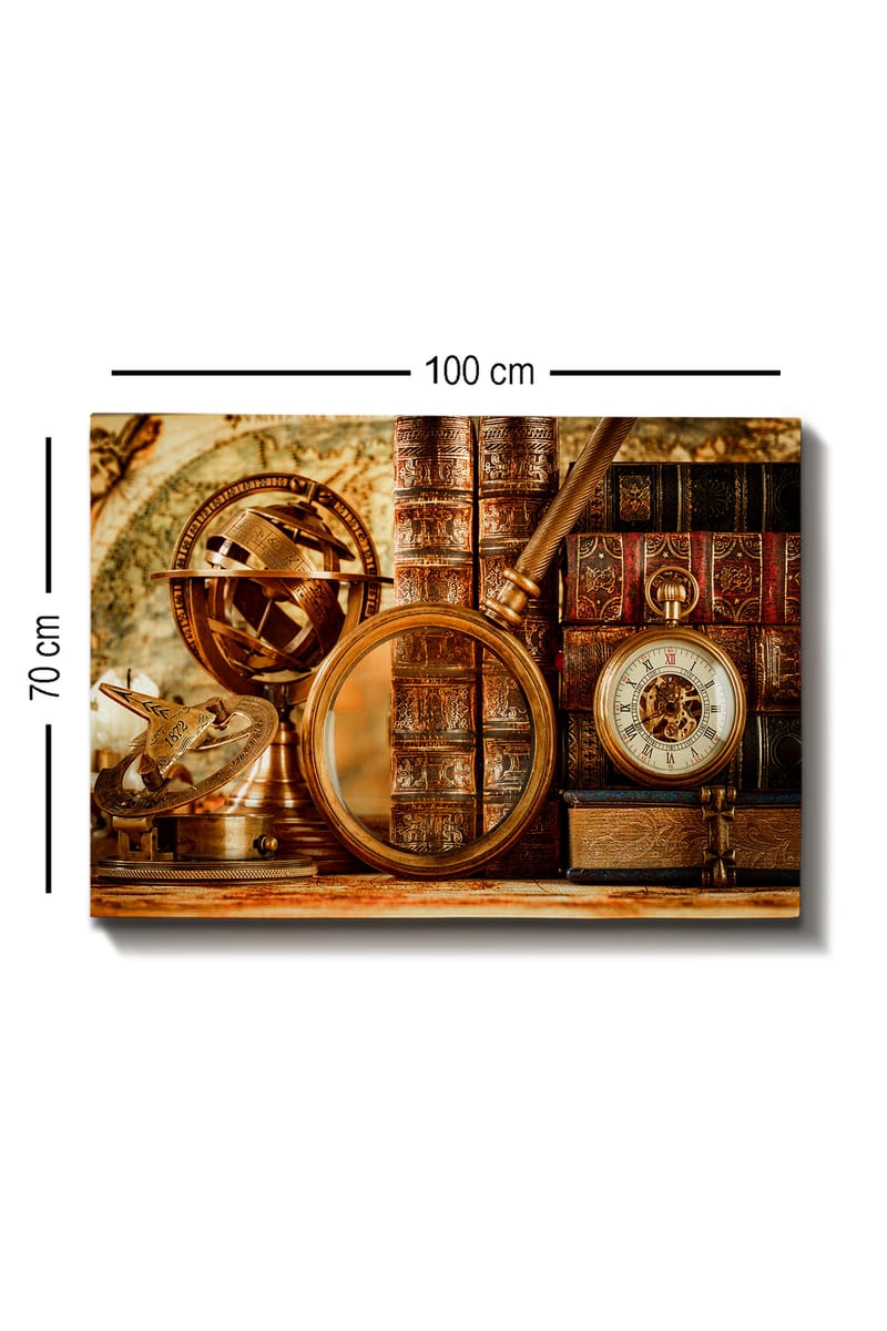 Lærred 70x100 cm - Samling af antikke navigationsværktøjer og bøger, der formidler en følelse af historie og udforskning - Guld / Brun / Mørkerød - Boligtilbehør - Billeder & kunst - Billeder på lærred