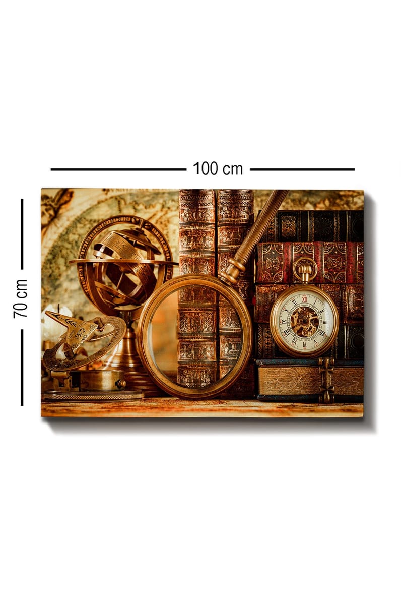 Lærred 70x100 cm - Samling af antikke navigationsværktøjer og bøger, der formidler en følelse af historie og udforskning - Guld / Brun / Mørkerød - Boligtilbehør - Billeder & kunst - Billeder på lærred