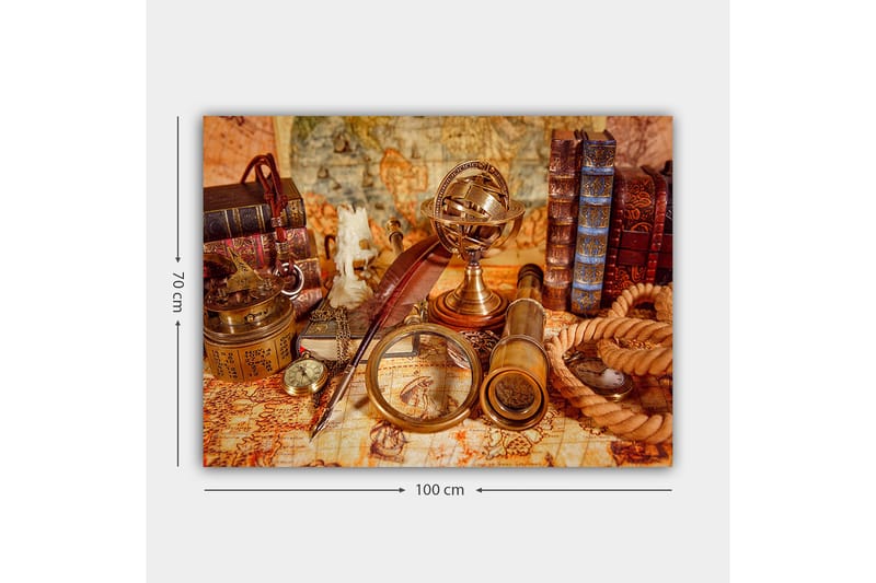 Lærred 70x100 cm - Samling af antikke navigationsværktøjer og bøger, der skaber en nostalgisk følelse af udforskning - Guld / Brun / Beige - Boligtilbehør - Billeder & kunst - Billeder på lærred