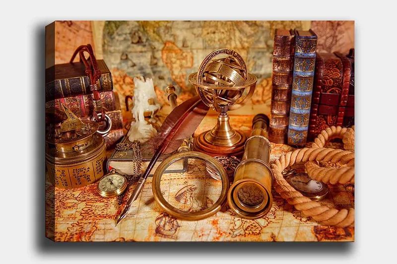 Lærred 70x100 cm - Samling af antikke navigationsværktøjer og bøger, der skaber en nostalgisk følelse af udforskning, Guld / Brun / Beige