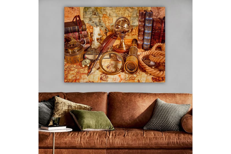 Lærred 70x100 cm - Samling af antikke navigationsværktøjer og bøger, der skaber en nostalgisk følelse af udforskning - Guld / Brun / Beige - Boligtilbehør - Billeder & kunst - Billeder på lærred