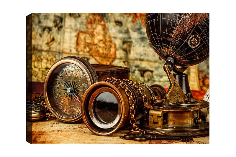 Lærred 70x100 cm - Samling af antikke navigationsværktøjer og en globus, der symboliserer udforskning og eventyr, Bronze / Sort / Beige