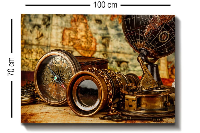 Lærred 70x100 cm - Samling af antikke navigationsværktøjer og en globus, der symboliserer udforskning og eventyr - Bronze / Sort / Beige - Boligtilbehør - Billeder & kunst - Billeder på lærred