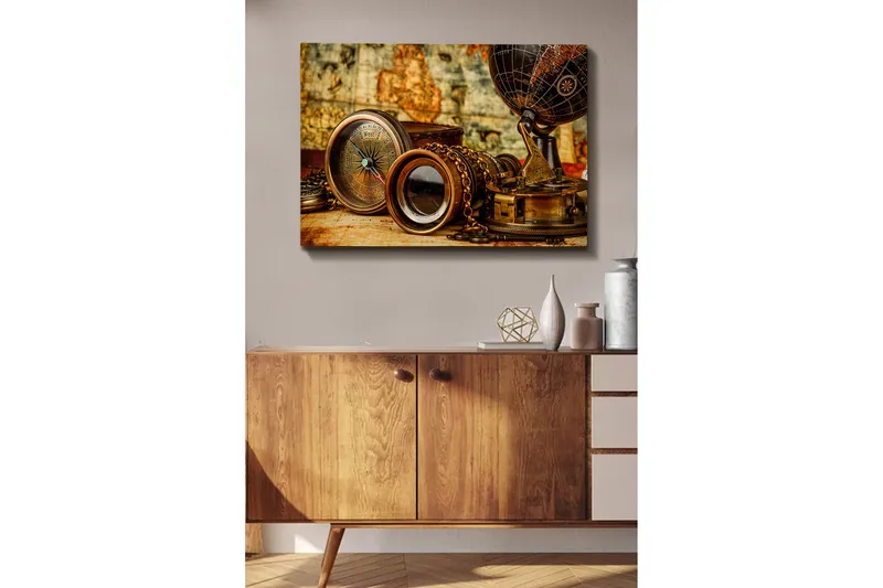 Lærred 70x100 cm - Samling af antikke navigationsværktøjer og en globus, der symboliserer udforskning og eventyr - Bronze / Sort / Beige - Boligtilbehør - Billeder & kunst - Billeder på lærred