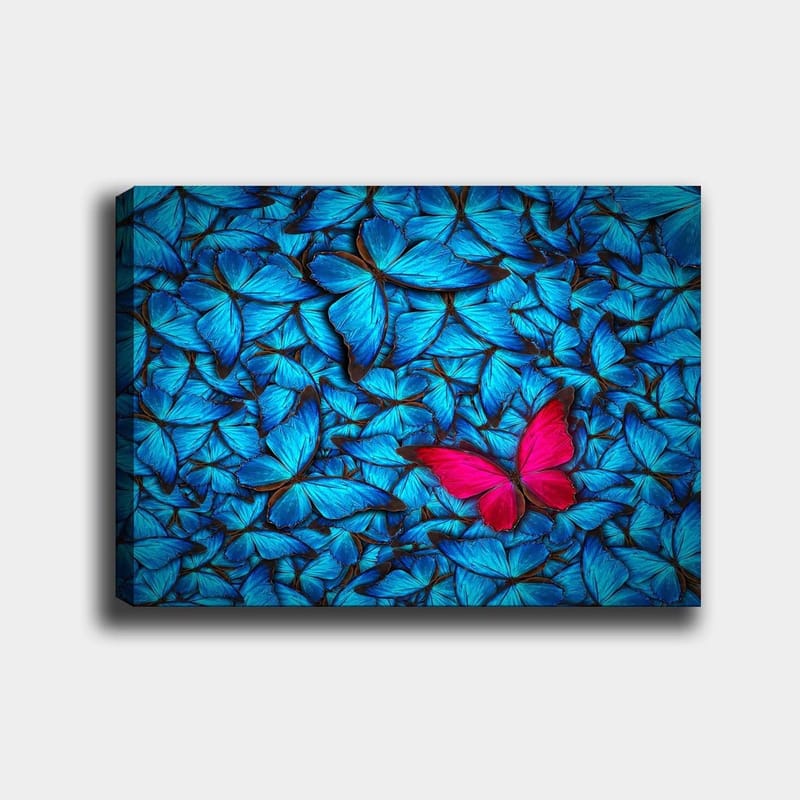 Lærred 70x100 cm - Samling af blå sommerfugle med en fremtrædende lyserød sommerfugl i midten, Blå / Lyserød