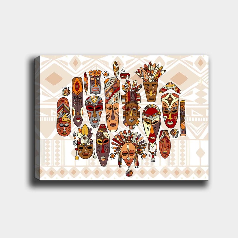 Lærred 70x100 cm - Samling af farverige masker med forskellige ansigtsudtryk og detaljerede dekorationer - Rød / Brun / Beige - Boligtilbehør - Billeder & kunst - Billeder på lærred