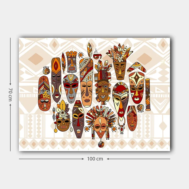 Lærred 70x100 cm - Samling af farverige masker med forskellige ansigtsudtryk og detaljerede dekorationer - Rød / Brun / Beige - Boligtilbehør - Billeder & kunst - Billeder på lærred