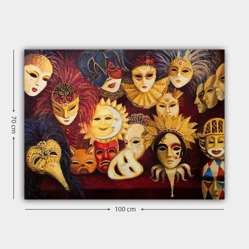 Lærred 70x100 cm - Samling af farverige masker med forskellige udtryk og detaljer - Guld / Rød / Sort - Boligtilbehør - Billeder & kunst - Billeder på lærred