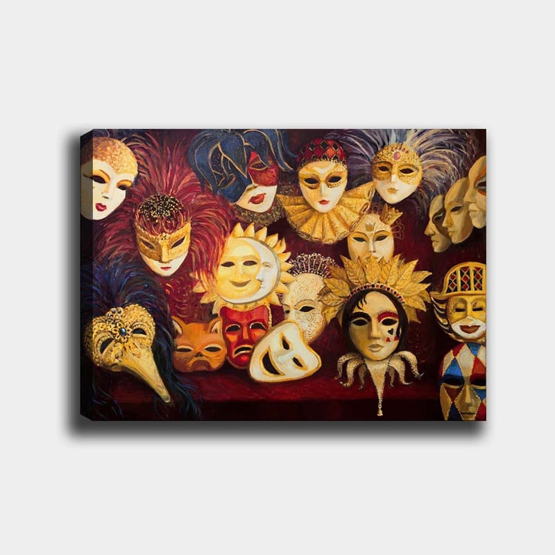 Lærred 70x100 cm - Samling af farverige masker med forskellige udtryk og detaljer, Guld / Rød / Sort