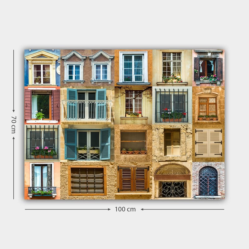 Lærred 70x100 cm - Samling af farverige vinduer og altaner, der viser forskellige arkitektoniske stilarter - Guld / Blå / Terrakotta - Boligtilbehør - Billeder & kunst - Billeder på lærred