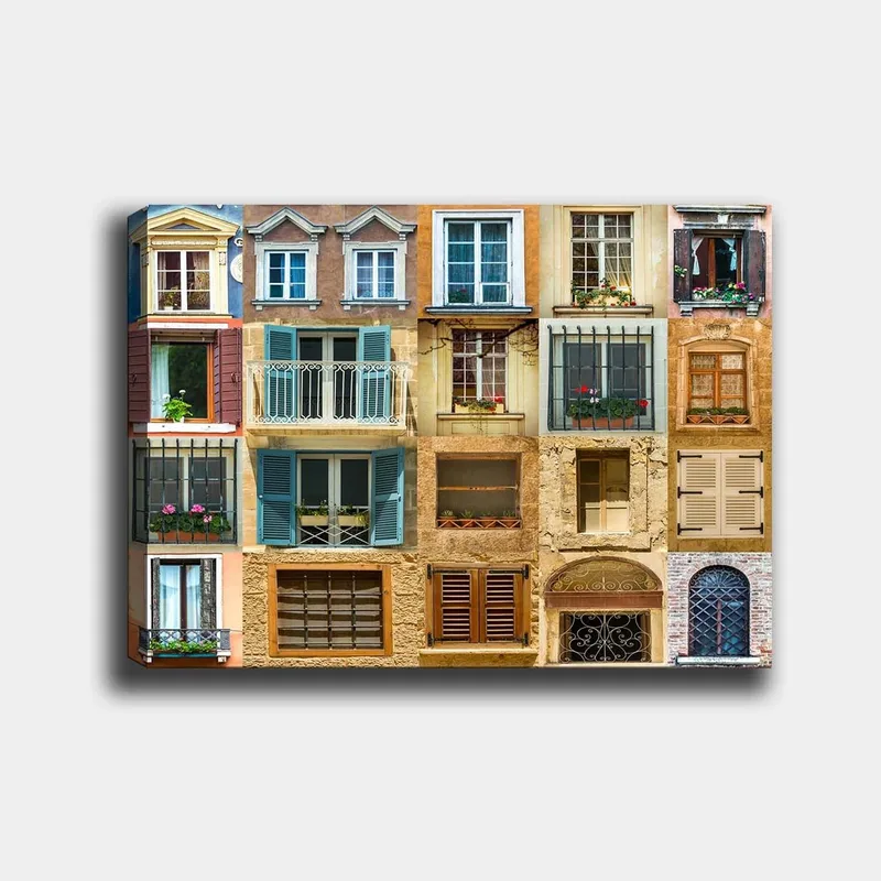 Lærred 70x100 cm - Samling af farverige vinduer og altaner, der viser forskellige arkitektoniske stilarter - Guld / Blå / Terrakotta - Boligtilbehør - Billeder & kunst - Billeder på lærred