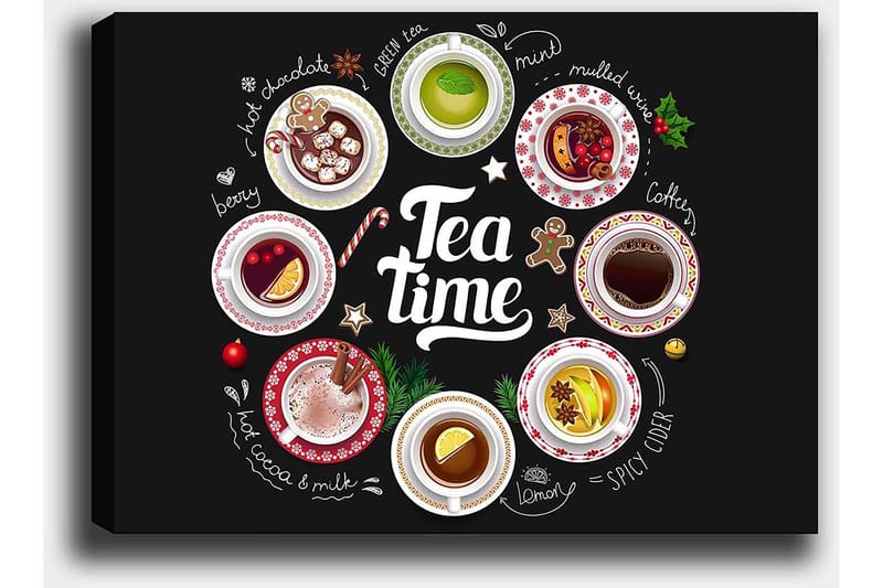 Lærred 70x100 cm - Samling af forskellige te- og kaffedrikke præsenteret i skåle med dekorationer - Rød / Hvid / Grøn - Boligtilbehør - Billeder & kunst - Billeder på lærred
