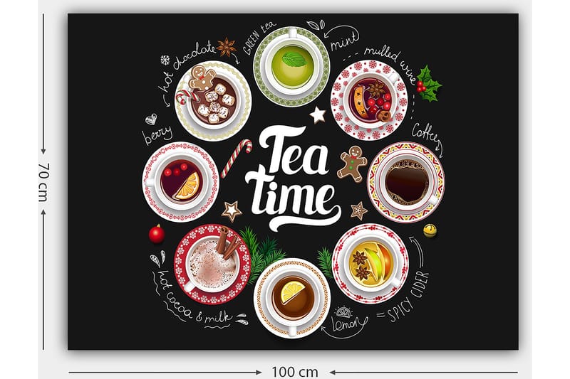 Lærred 70x100 cm - Samling af forskellige te- og kaffedrikke præsenteret i skåle med dekorationer - Rød / Hvid / Grøn - Boligtilbehør - Billeder & kunst - Billeder på lærred
