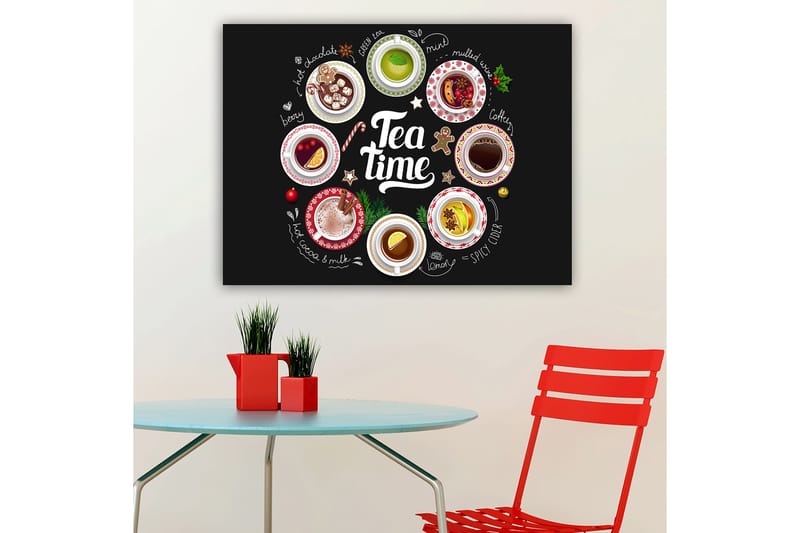 Lærred 70x100 cm - Samling af forskellige te- og kaffedrikke præsenteret i skåle med dekorationer, Rød / Hvid / Grøn