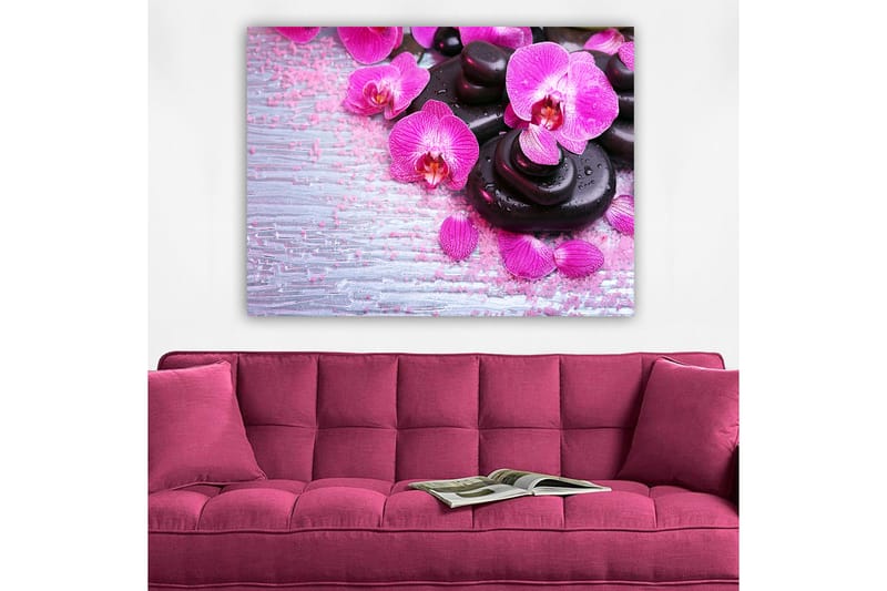 Lærred 70x100 cm - Samling af lilla orkideer og sorte sten på en lys baggrund - Lilla / Sort - Boligtilbehør - Billeder & kunst - Billeder på lærred