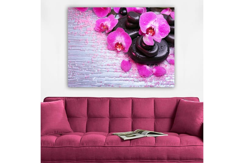 Lærred 70x100 cm - Samling af lilla orkideer og sorte sten på en lys baggrund - Lilla / Sort - Boligtilbehør - Billeder & kunst - Billeder på lærred