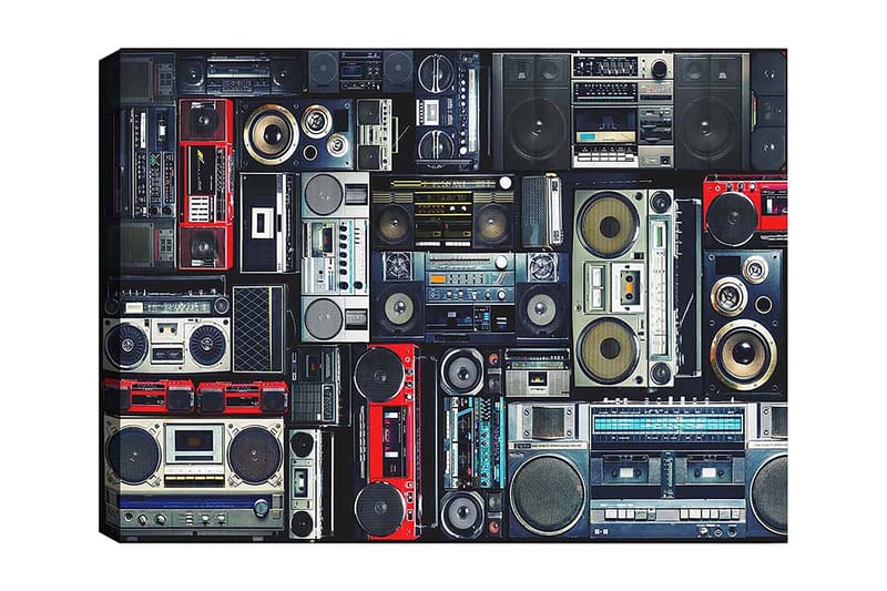 Lærred 70x100 cm - Samling af retro lydsystemer og kassettebåndoptagere i forskellige størrelser og former, Rød / Sort / Grå