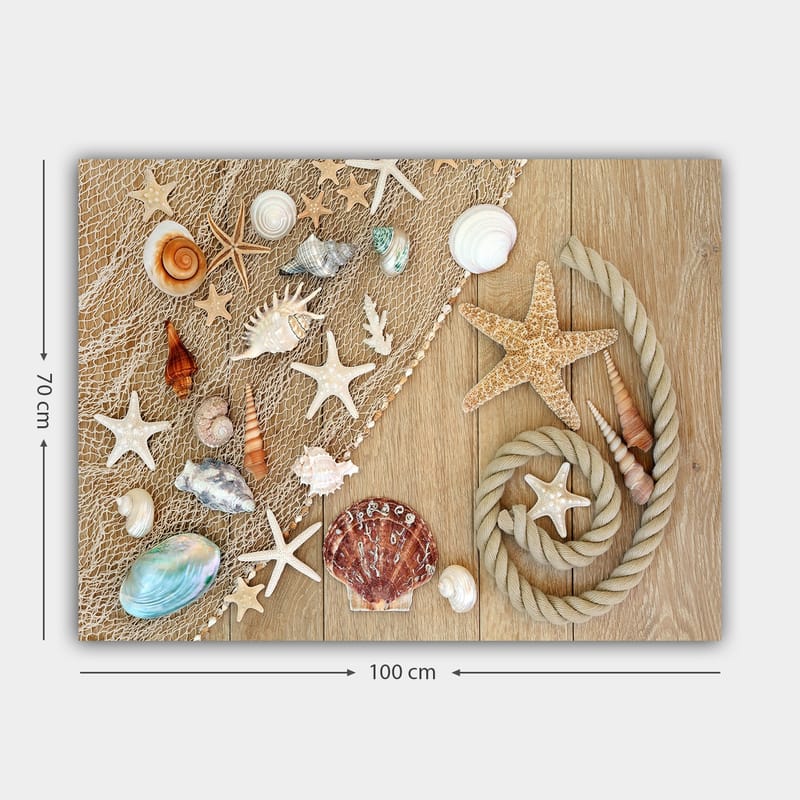 Lærred 70x100 cm - Samling af skaller og søstjerner på en træoverflade - Beige / Hvid / Brun - Boligtilbehør - Billeder & kunst - Billeder på lærred