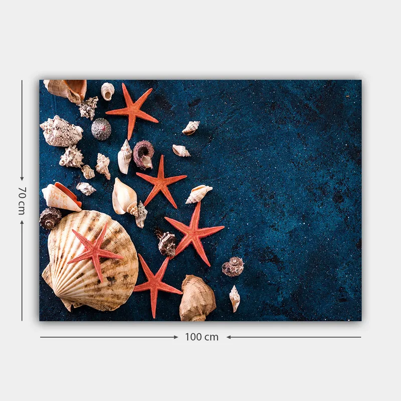 Lærred 70x100 cm - Samling af skaller og søstjerner på en dybblå overflade - Mørk blå / Rød / Beige - Boligtilbehør - Billeder & kunst - Billeder på lærred