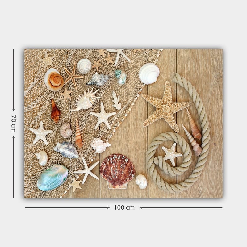 Lærred 70x100 cm - Samling af skaller og søstjerner på en træoverflade - Beige / Hvid / Brun - Boligtilbehør - Billeder & kunst - Billeder på lærred
