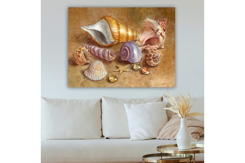 Lærred 70x100 cm - Samling af skaller og sten i bløde, naturlige farver - Beige / Lilla / Orange - Boligtilbehør - Billeder & kunst - Billeder på lærred