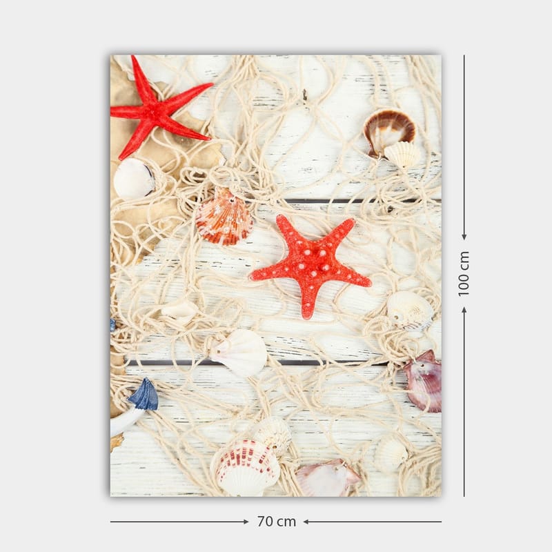 Lærred 70x100 cm - Samling af skaller og stjerneformede søstjerner på et net - Rød / Beige / Hvid - Boligtilbehør - Billeder & kunst - Billeder på lærred