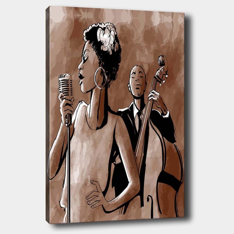 Lærred 70x100 cm - Sanger foran en mikrofon med en bassist i baggrunden, Mørkebrun / Beige / Sort